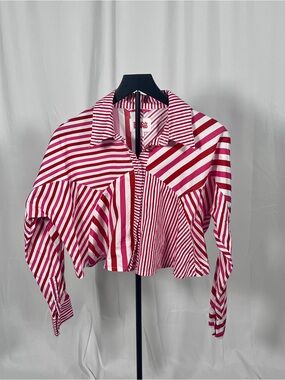 Solid & Striped Pink Red Stripe Cropped Button Down Shirt Size S Statement Top